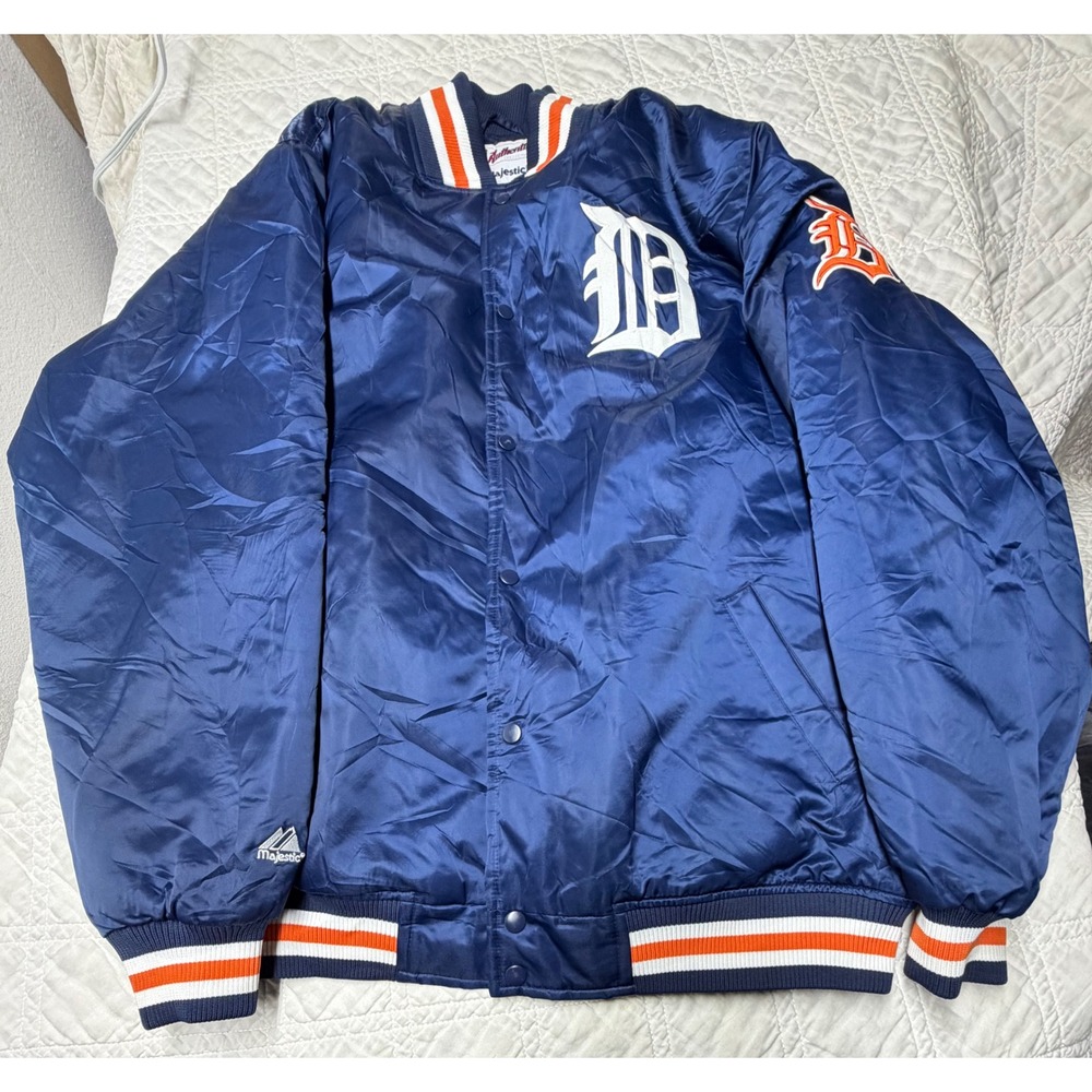 Majestic Detroit Tigers Satin Jacket Mens XXL Navy Blue MLB Varsity Bomber